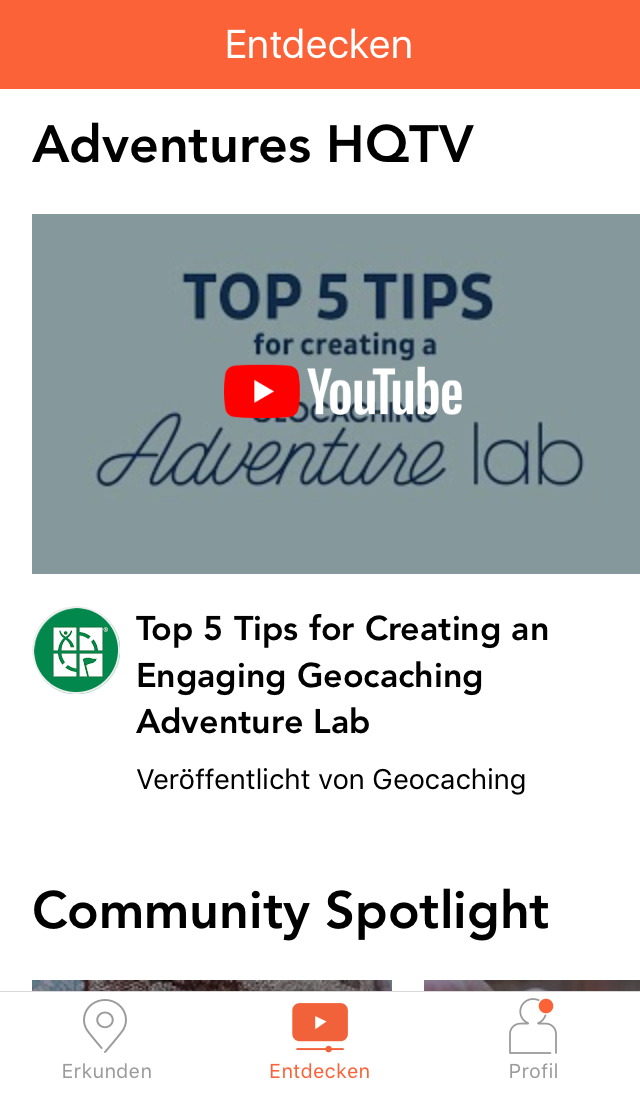 Adventure Lab App: Menü: Entdecken